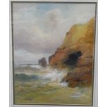 George Henry Jenkins (1843-1914) Watercolour drawing Waves crashing on the rocks,