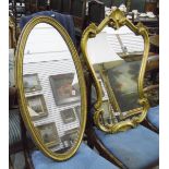 Oval mirror within a gilt frame and another mirror within a gilt frame with shell design and