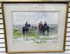 Watercolour drawing Hunt meet on hilltop, signed indistinctly,