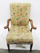Stained beech-framed open armchair upholstered in a floral tapestry-type fabric
