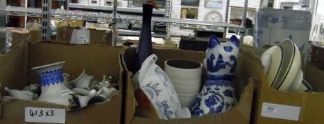 Assorted ceramics including a large model of a cat with blue oriental decoration,