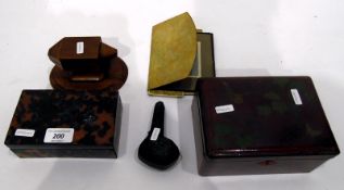 Wooden lacquered Oriental jewellery box enclosing various glass decanter lids,