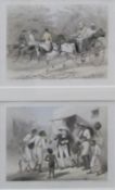 Set of four colour prints framed as a pair of lithographs entitled "Our Cloth Merchants",