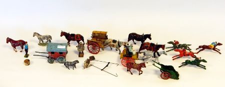Britains painted lead horses and hay wane, Charbens milk cart, farmer and horse, gypsy caravan,