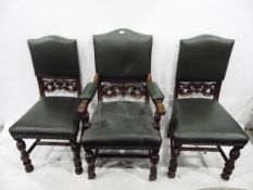 Set of 19 oak framed studded chairs with leather upholstered seats and pad backs,