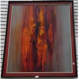 1960's abstract oil painting in red and orange, indistinctly signed and dated 1967, 89.5cm x 79.