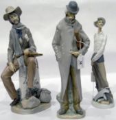 Lladro figure of a traveller with fiddle, 35cm high, another gentleman with fiddle in case,