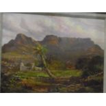 C Masser(?) Oil painting Mountain view with palm tree in foreground,