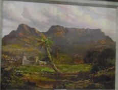 C Masser(?) Oil painting Mountain view with palm tree in foreground,