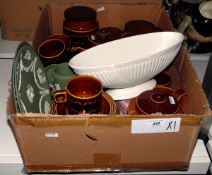 Hornsea part tea service, brown with black geometric pattern, including two teapots,
