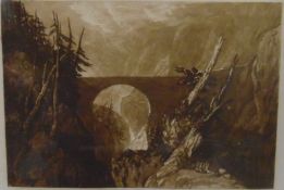 Frank Short Mezzotint after J M W Turner Bridge over gorge, signed in pencil by engraver,