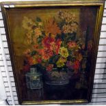 Early 20th century school Oil on canvas Still life of flowers with porcelain ginger jar and bowl,