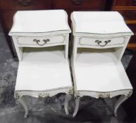 Pair of white painted bedside tables with frieze drawer and loose glass tops,