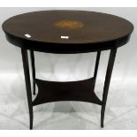 Edwardian oval inlaid mahogany two-tier occasional table raised on tapering line inlaid square