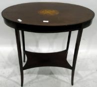 Edwardian oval inlaid mahogany two-tier occasional table raised on tapering line inlaid square