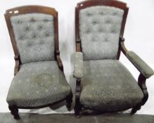Gentleman's Edwardian mahogany-framed open arm easy chair having button upholstered back,