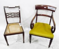 Regency-style mahogany-framed bar-back scroll-armed elbow chair and a cane-seated chair with