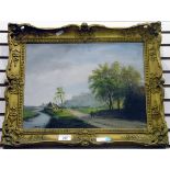 Olive Brown (19th century) Oil on board Figures on a path by river, signed lower right,