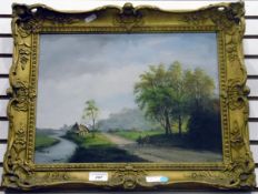 Olive Brown (19th century) Oil on board Figures on a path by river, signed lower right,