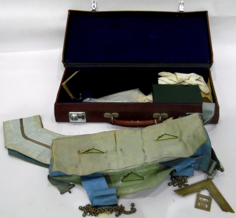 Various Masonic regalia in a leather case