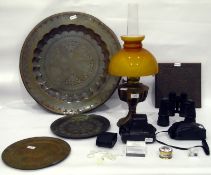 Mixed lot to include a pair of binoculars, two cameras, a circular engraved brass tray,