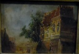 Reproduction oil on board Continental town scene,