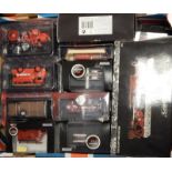 Collection of diecast fire vehicles including Mini Champs Mercedes Benz trucks, Oxford Fire trucks,