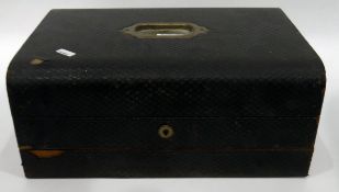 Victorian black leather travelling writing box with hinged lid enclosing foldout writing slope and