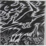 Gwenda Morgan Wood Engraving "Midnight Madness", 7/50, witches on broomsticks, signed in pencil,