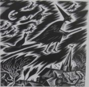 Gwenda Morgan Wood Engraving "Midnight Madness", 7/50, witches on broomsticks, signed in pencil,