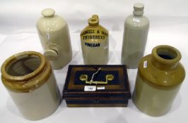 Various stoneware flagons to include Councell & Sons Thornbury 'Vinegar' and a tin