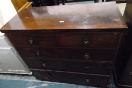 Victorian mahogany veneered chest of two short and three long drawers, on plinth base,