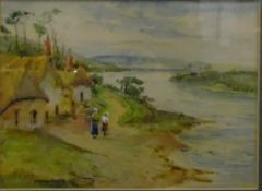 19th century school Watercolour drawing Figures walking along estuary path, initialled 'F.A.