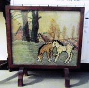 Stained as mahogany fire screen with gros-point woolwork panel of grazing horses in paddock