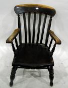 Late 19th century beech and elm seated slat-back elbow chair on turned supports