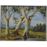 Glad Meechan Pair oils on board Pair Australian landscapes with trees and mountains, 18.
