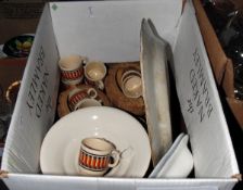 Part coffee service marked 'Yu Quan', geometric pattern on a cream ground,