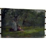Unattributed Oil on canvas "In a Worcestershire Orchard", Edwardian scene,