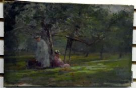 Unattributed Oil on canvas "In a Worcestershire Orchard", Edwardian scene,