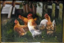 Reproduction oil on board Chickens