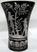Cased red and clear glass vase with female figures and trees, 25.