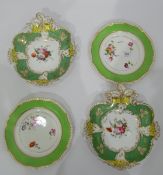 Pair of Bloor Derby china plates, each with apple-green border, gilt highlighted ropetwist edge,