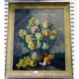Unattributed Oil on canvas Still life study of roses and fruit, signed indistinctly,