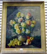 Unattributed Oil on canvas Still life study of roses and fruit, signed indistinctly,