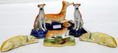 Pair of Staffordshire model greyhounds, 11cm high,