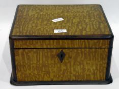 Early 20th century figured wood cash box with hinged lid, lockable cupboard and carrying handles,