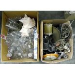 Quantity of assorted glassware, two large conch shells, various pewter tankards,