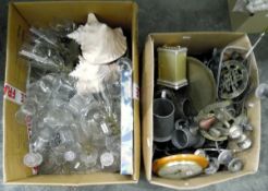 Quantity of assorted glassware, two large conch shells, various pewter tankards,