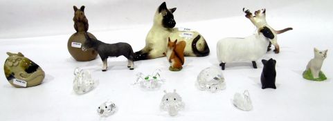 Beswick model Siamese cat, a Poole pottery model mouse on an apple, a Beswick pottery sheep,