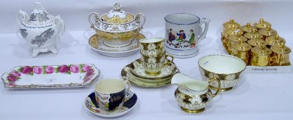 Set of 12 Royal Worcester covered consomme cups, all with gold lustre, a pottery frog mug,